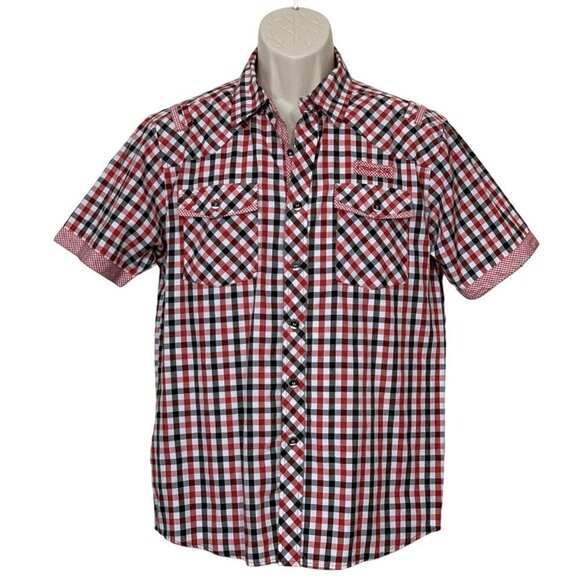 Koman Red, Black & White Button Down Plaid Shirt Size M - Picture 2 of 9